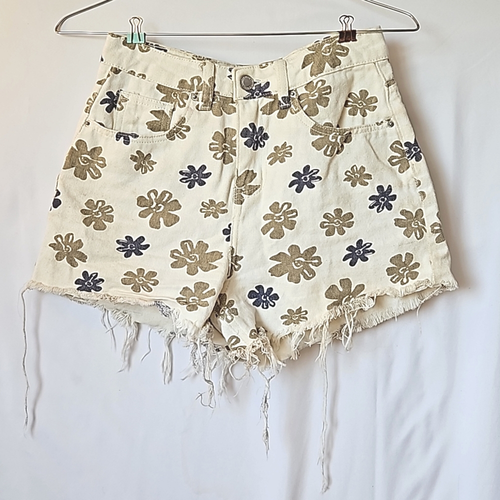 Khaki plus blue flower cream colored shorts with brown and navy blue